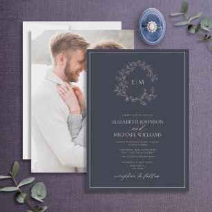 Blauer Rosa-Monogramm-Foto Hochzeit Einladung