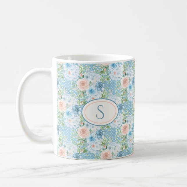Blauer Rosa Monogramm Shabby Chic Kaffeetasse (Links)