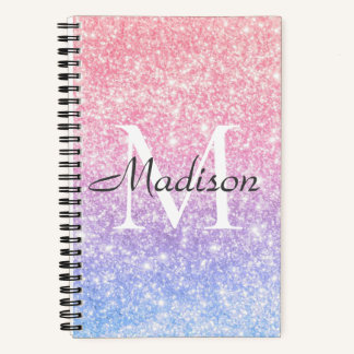 Blauer Rosa Ombre Glitzer Name Monogram Notizbuch