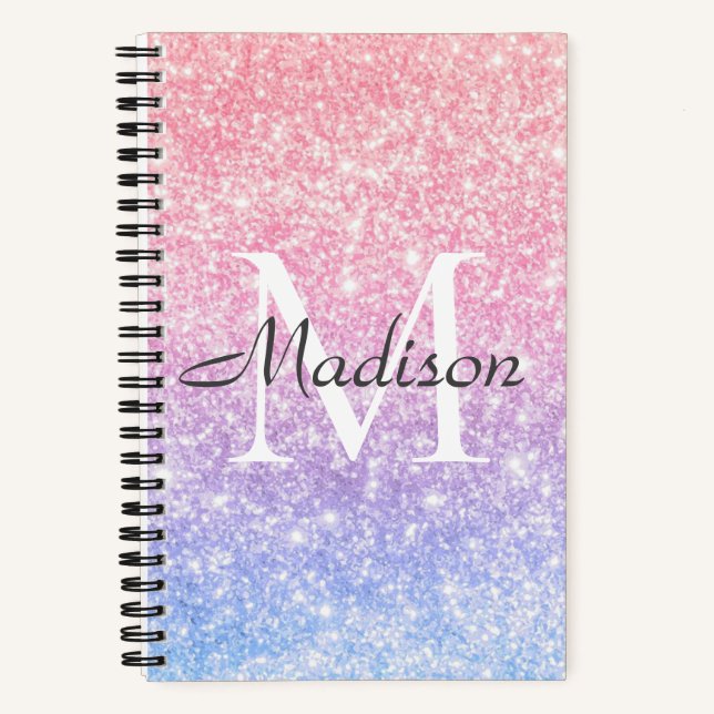 Blauer Rosa Ombre Glitzer Name Monogram Notizbuch (Vorderseite)