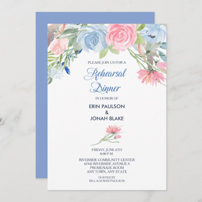 Blauer Rosa Probe Abendessen Einladung (Vorne/Hinten)