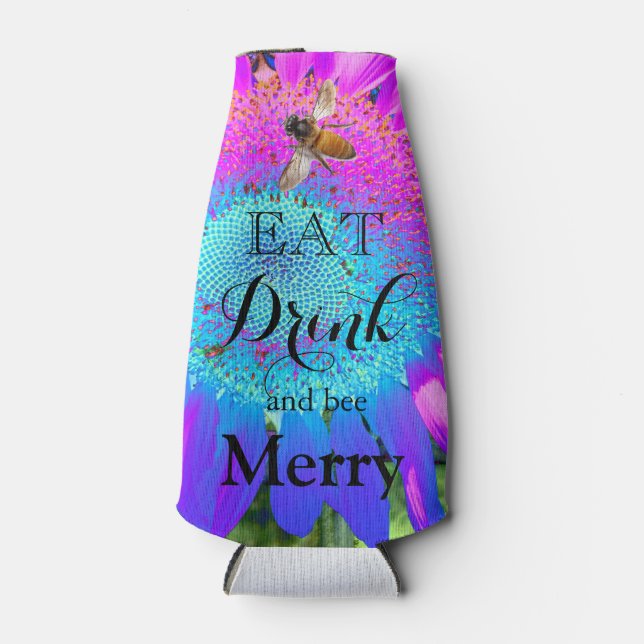 Blauer rosa Retro funky sonngeblümtes Foto Flaschenkühler (Vorderseite)