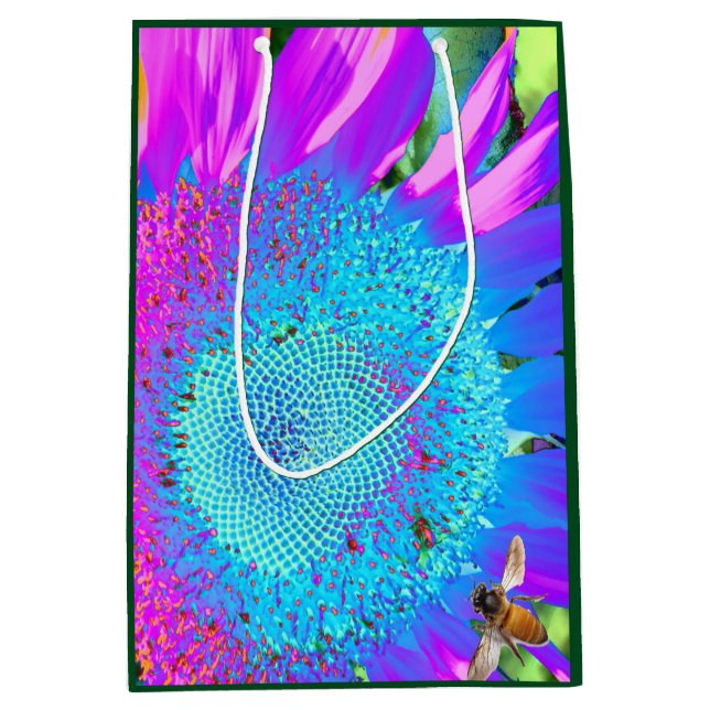 Blauer rosa Retro funky sonngeblümtes Foto Mittlere Geschenktüte (Vorderseite)