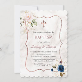 Blauer Rosa Rose Gold Twins Taufe Einladung