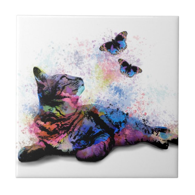Blauer rosa Schmetterling 6x6 der Katze 614 Fliese (Vorderseite)