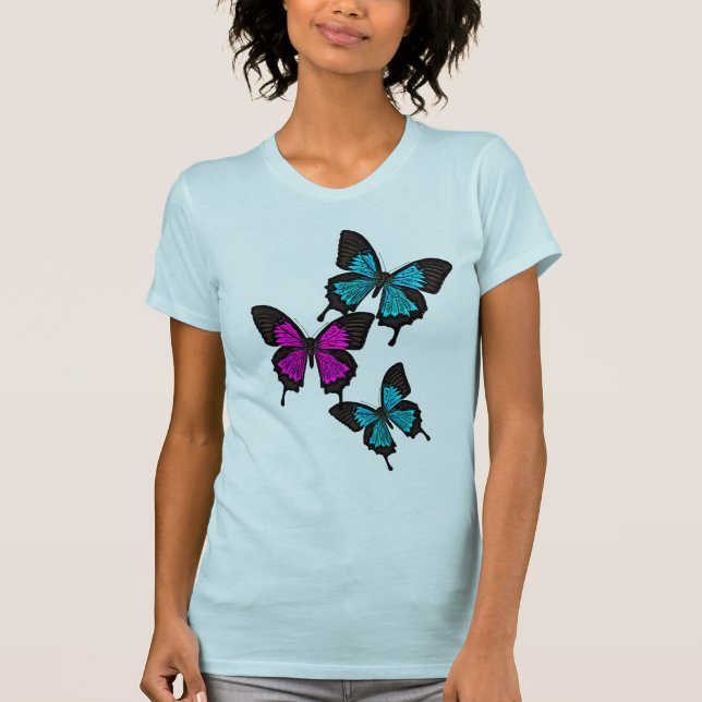 Blauer/rosa/schwarzer Schmetterling/Schmetterlinge T-Shirt (Vorderseite)