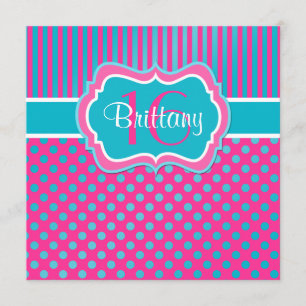 Blauer, rosa Tupfen-sechzehnte Einladung