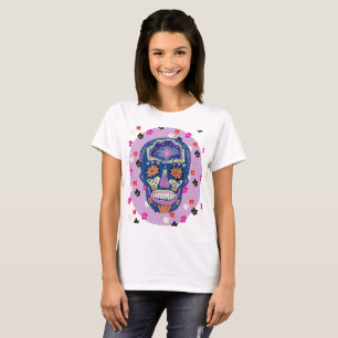 Blauer Rosa und Orange Tattoo Stil Zucker Schädel T-Shirt