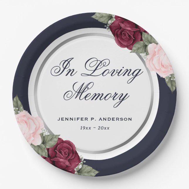 Blauer Rosa Wasserfarben Gedenkfeier Beerdigung Pappteller (Vorderseite)