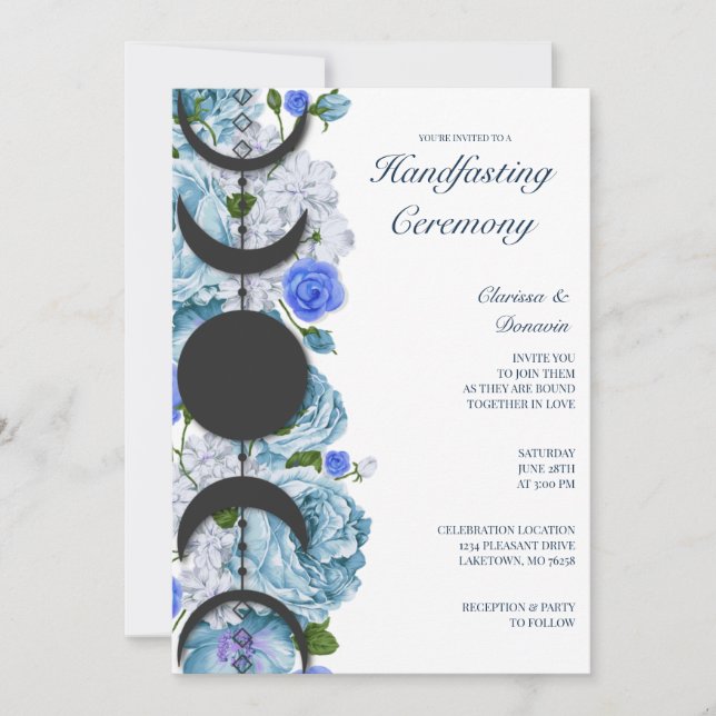 Blauer Rose Blumenmoon Phase Wiccan Handfasts Einladung (Vorderseite)