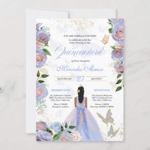 Blauer Rosen Schmetterling Quinceanera Einladung