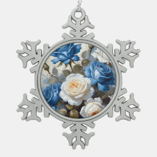 Blauer Rosenblütendruck Schneeflocken Zinn-Ornament