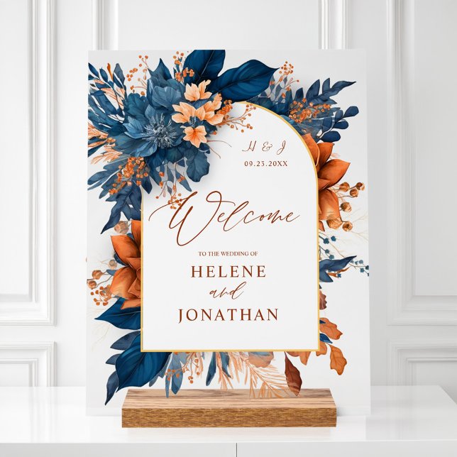 Blauer Rost Orange Hochzeitsempfang Acrylschild (Navy Blue Rust Orange Elegant Wedding Welcome Acrylic Sign)