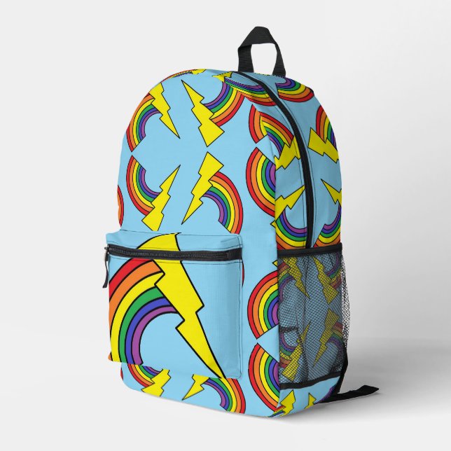 Blauer Rucksack mit Regenbögen und Blitzsymbolen (Rückseitige Ecke Rechts)