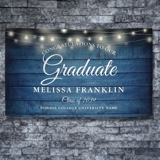 Blauer Rustikaler Abschluss-Banner für Holzstring- Banner (Blue Rustic Wood String Lights Graduation Banner)