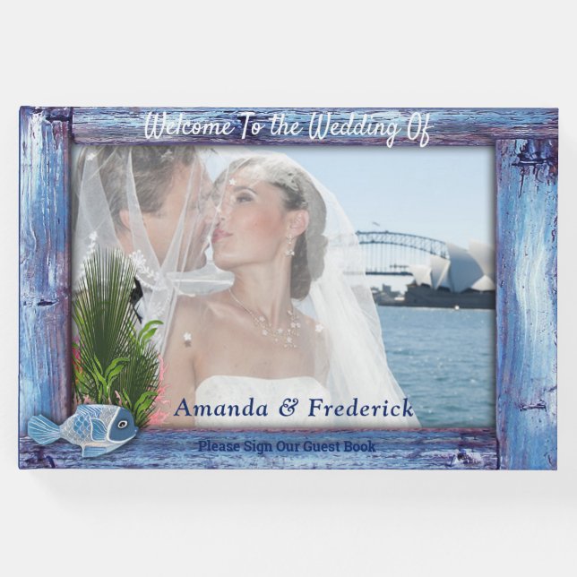 Blauer, rustikaler Holzrahmen und Fisch Gästebuch (Vorderseite)