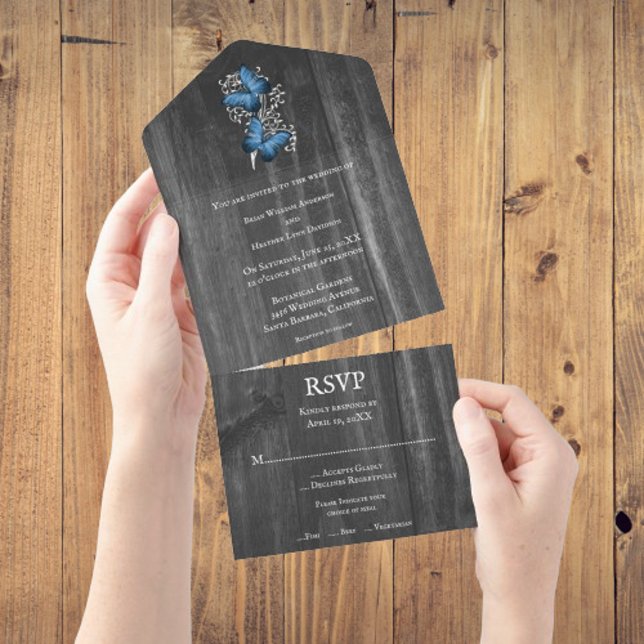 Blauer Rustikaler Schmetterling auf einer Hochzeit All In One Einladung (Blue Rustic Butterfly All In One Wedding Invite)