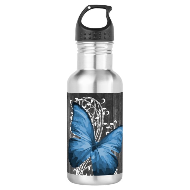 Blauer Rustikaler Schmetterling Personalisiert Edelstahlflasche (Vorderseite)