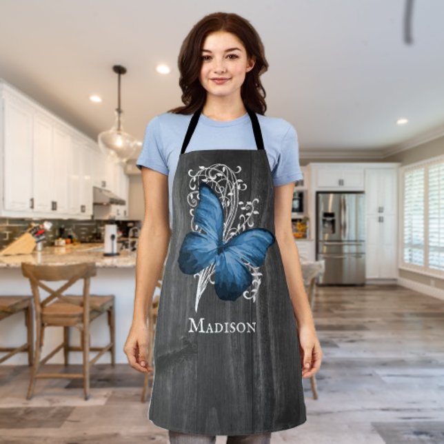 Blauer Rustikaler Schmetterling Personalisierte Sc Schürze (Blue Rustic Butterfly Personalized Apron)