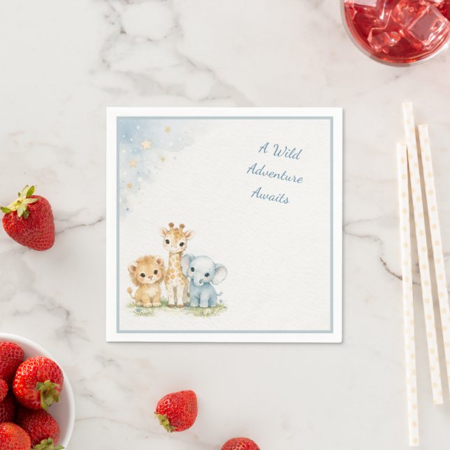 Blauer Safari Süßer Löwe Elefant Giraffe Kinder    Serviette (Beispiel)