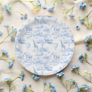 Blauer Safari Tiere Toile de Jouy Babyparty Pappteller