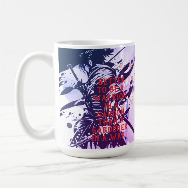 Blauer Samurai und Kirschblüten-Tusche-Kunst Motiv Kaffeetasse (Links)