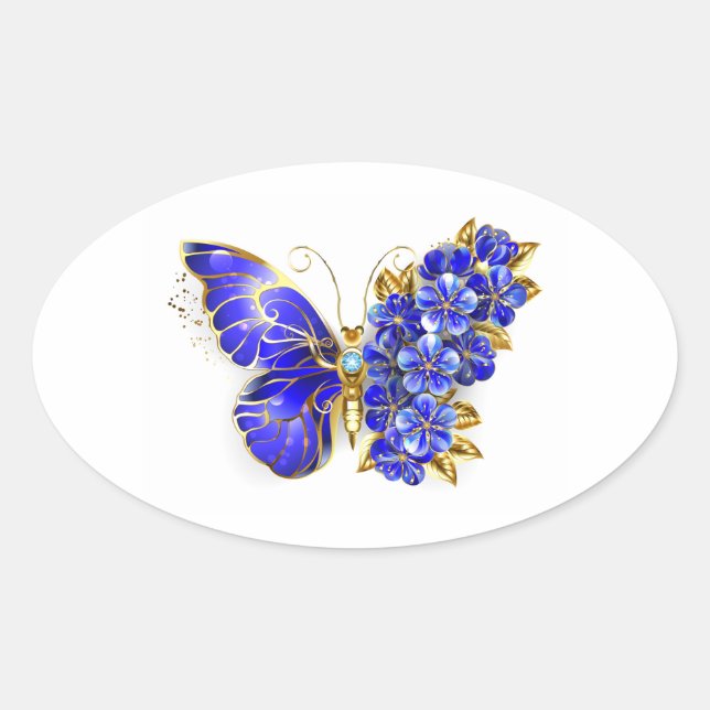 Blauer Saphir Schmetterling Ovaler Aufkleber (Vorderseite)