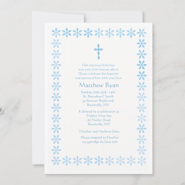 Blauer Schablone-Blumen-Rahmen Einladung (Vorderseite)