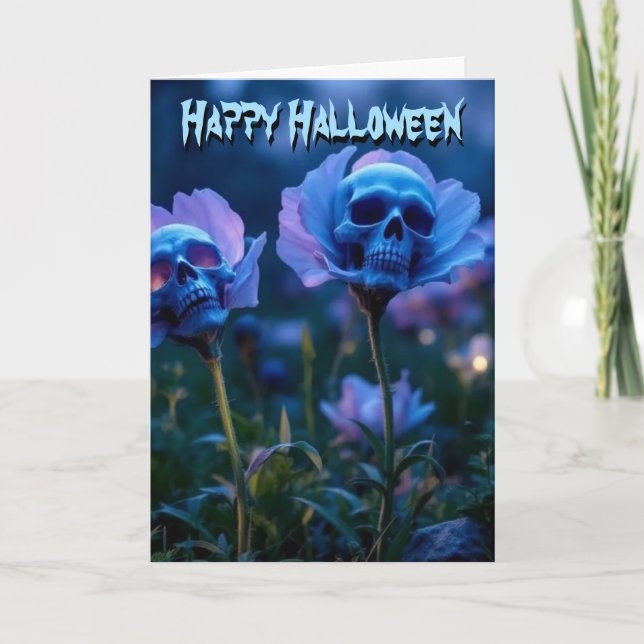 Blauer Schädel Halloween-Blume Karte (Vorderseite)