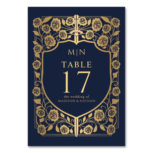 Blauer Schild Mittelalter Fantasy Monogramm Hochze Tischnummer (Vorderseite)