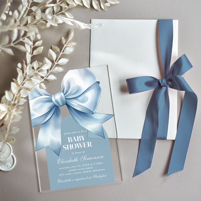 Blauer Schleife Baby Junge Elegante Babyparty Acryleinladungen (Blue Bow Baby Boy Elegant Baby Shower Acrylic Invitations)