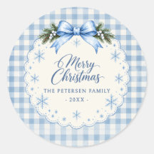Blauer Schleifen-Gingham-Teddybär-Weihnachtsaufkle