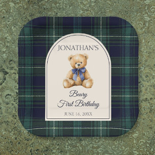 Blauer Schleifen-Preppy-Teddybär 1. Geburtstag Pappteller