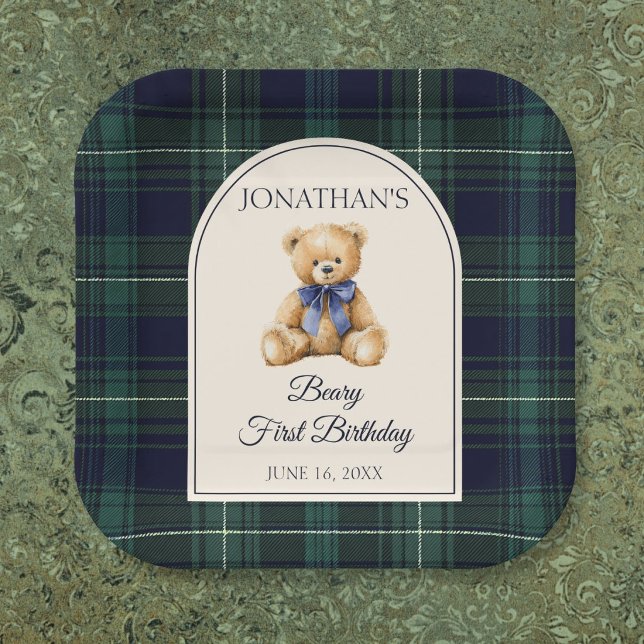 Blauer Schleifen-Preppy-Teddybär 1. Geburtstag Pappteller (Blue Bow Preppy Teddy Bear 1st Birthday Paper Plates)