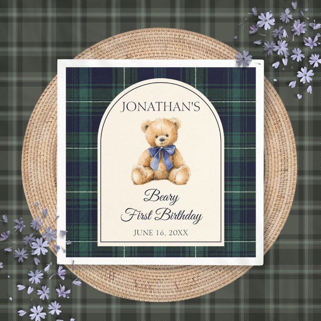 Blauer Schleifen-Preppy-Teddybär 1. Geburtstag Serviette (Blue Bow Preppy Teddy Bear 1st Birthday Napkins)