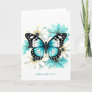 Blauer Schmetterling & Aqua-Blumen-Aquarell Karte