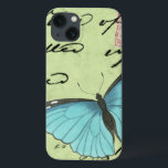 Blauer Schmetterling auf Aquamariner Postkarte iPhone 13 Hülle<br><div class="desc">Diese aquamarine Postkarte trägt eine Schönheitsbotschaft. Eine zarte,  blauflügelige Schmetterling-Erholung auf der Karte,  die einige der darin enthaltenen Skripte verschleiert. Dieser Vision Studio-Druck würde eine tolle Ergänzung zu Ihrer Zuhause darstellen!</div>