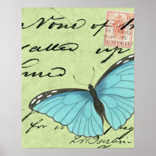 Blauer Schmetterling auf Aquamariner Postkarte Poster