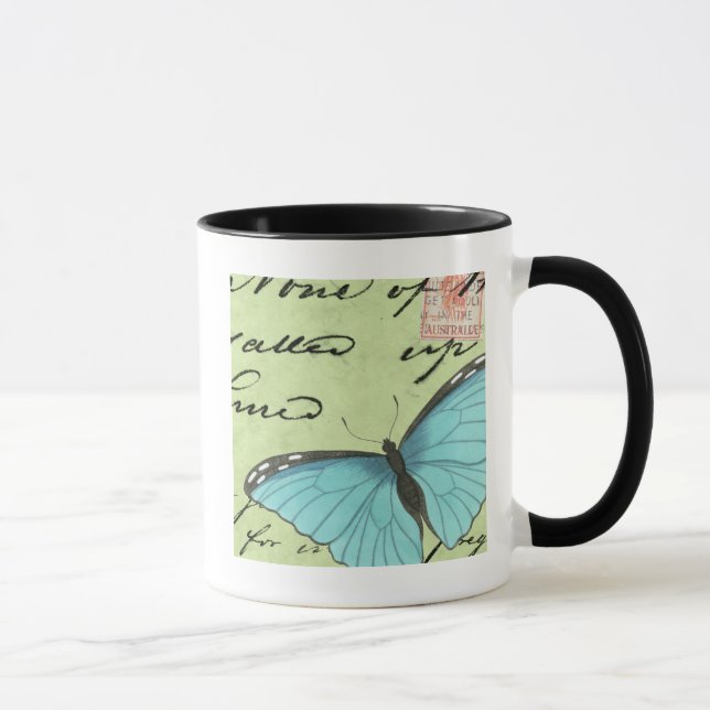 Blauer Schmetterling auf Aquamariner Postkarte Tasse (Rechts)