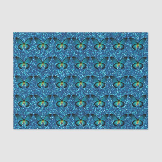 Blauer Schmetterling auf blauem Glitzer - Gewebepa Seidenpapier (Vorderseite)