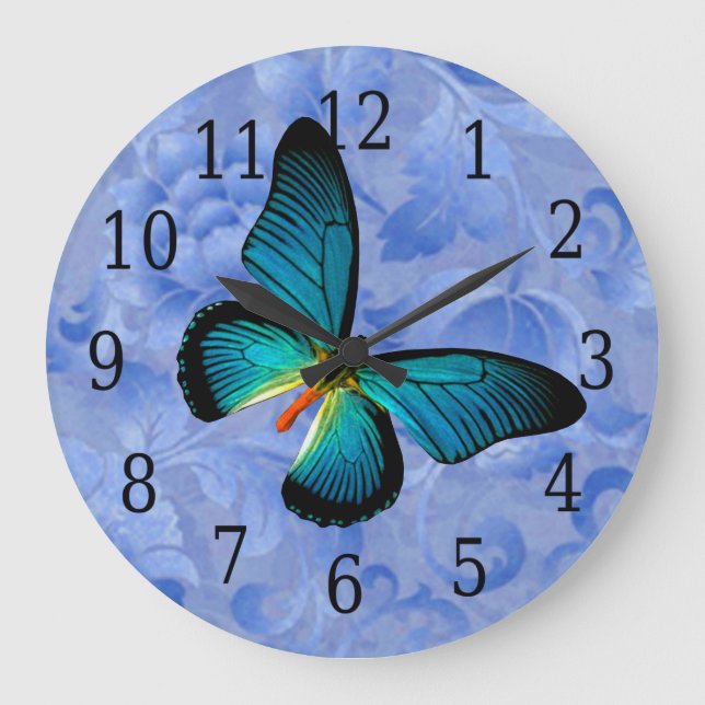 Blauer Schmetterling auf blauer Blumen-Uhr Große Wanduhr (Vorderseite)