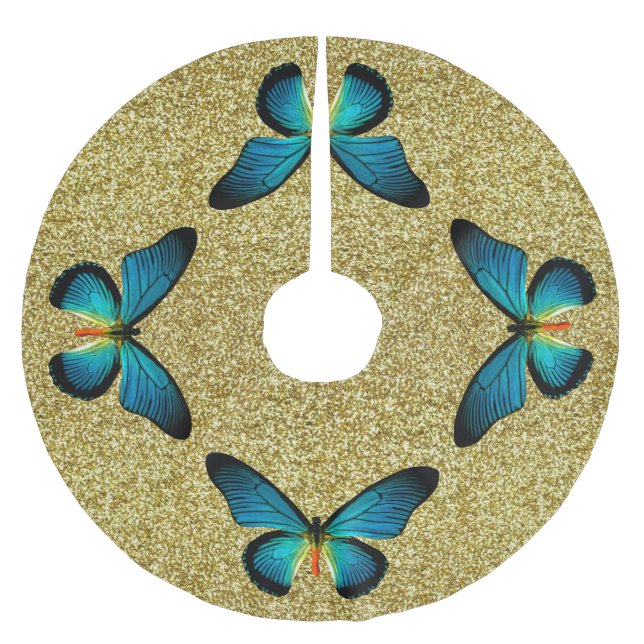 Blauer Schmetterling auf Gold Glitzer Tree Skirt Polyester Weihnachtsbaumdecke (Vorderseite)