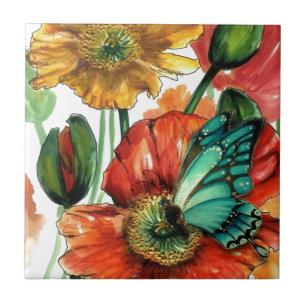 Blauer Schmetterling auf Mohnblumen Fliese