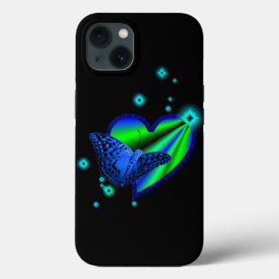 Blauer Schmetterling auf Regenbogen Herz mit Stern iPhone 13 Hülle