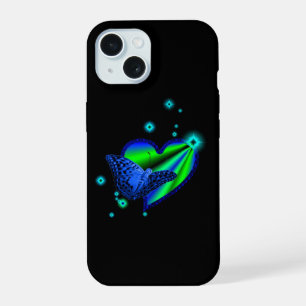 Blauer Schmetterling auf Regenbogen Herz mit Stern iPhone 15 Hülle