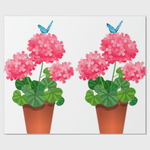 Blauer Schmetterling auf rosa Blume - Packpapier