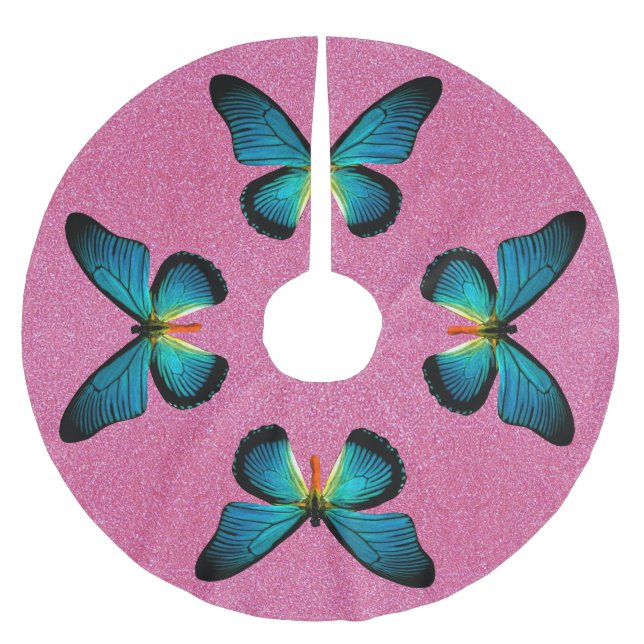 Blauer Schmetterling auf Rosa Glitzer Baumrock Polyester Weihnachtsbaumdecke (Vorderseite)