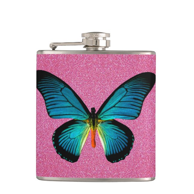 Blauer Schmetterling auf rosa Glitzer Flasche Flachmann (Vorderseite)