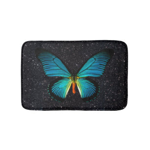 Blauer Schmetterling auf schwarzem Glitzer Bademat Badematte