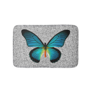 Blauer Schmetterling auf Silver Glitzer Bath Mat Badematte